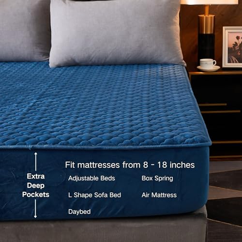 Pangzi Solid Flannel Plush Bedding Fitted Sheet,Velvety Soft Heavyweight Non-Slip Protective Cover for Bed Mattress (Twin, Blue) - Image 3