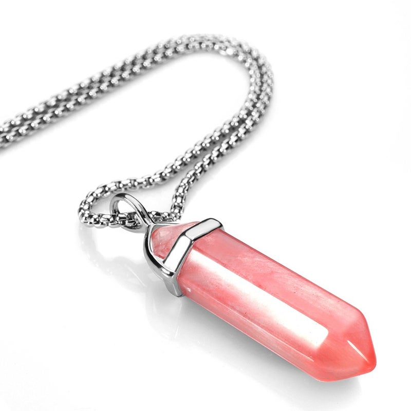 BEADNOVA Cherry Quartz Necklace Gemstone Crystal Necklace for Women Healing Stone pendant Jewelry for Men Pendulum Divination Hexagonal pendant (18 Inches Stainless Steel Chain) - Image 2