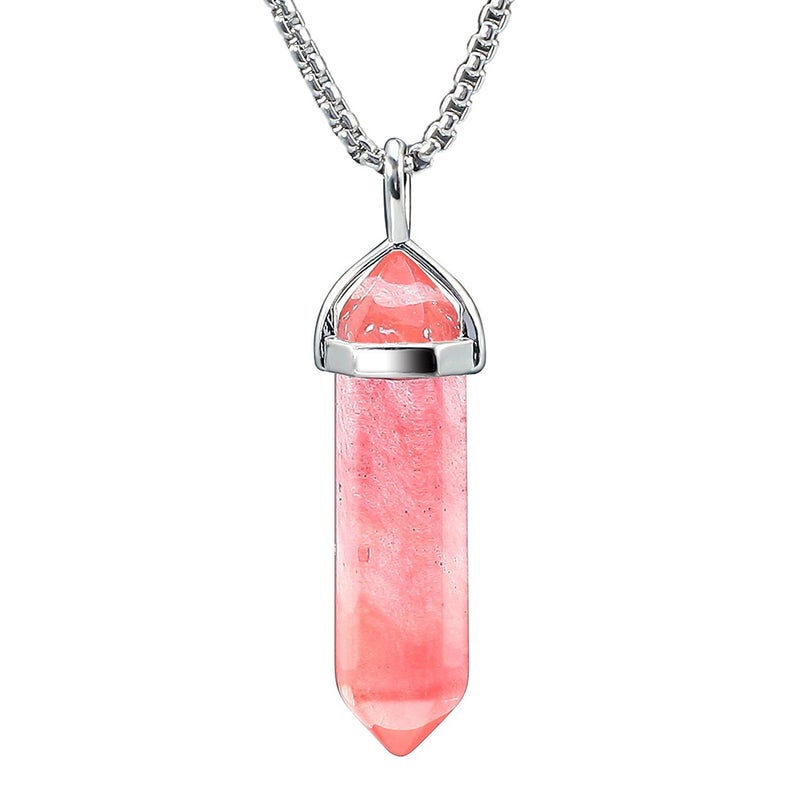 BEADNOVA Cherry Quartz Necklace Gemstone Crystal Necklace for Women Healing Stone pendant Jewelry for Men Pendulum Divination Hexagonal pendant (18 Inches Stainless Steel Chain) - Image 1