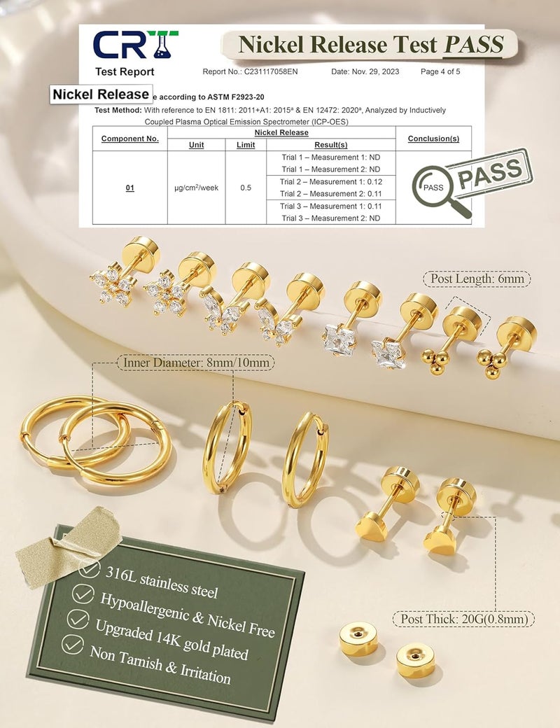 Jstyle Ear jewellery for sensitive ears, hypoallergenic surgical steel, 14K gold, flat back, women, men, small stainless steel stud ring, cartilage set, various piercings - Image 5