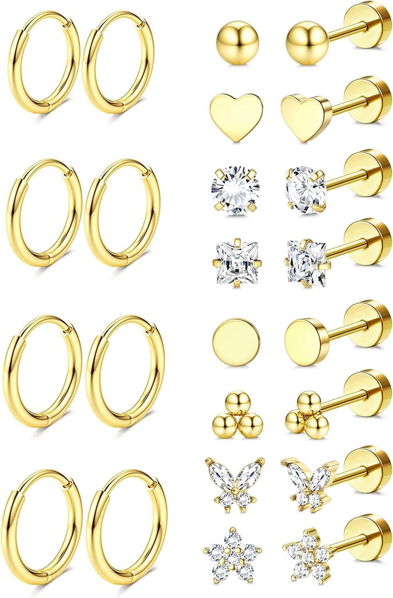 Jstyle Ear jewellery for sensitive ears, hypoallergenic surgical steel, 14K gold, flat back, women, men, small stainless steel stud ring, cartilage set, various piercings - Image 1