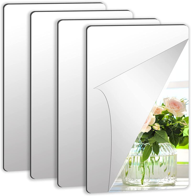 JUNEBRUSHS JUNEBRUSHS 4 Pack Self Adhesive Acrylic Mirror 4X 6 Inch Mirror TilesFlexible Plastic Sheets Wall Stickers 2MM Thick MirrorFrameless Small 