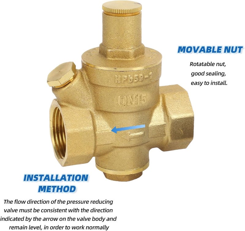Eujgoov DN15 1/2" Water Pressure Reducing Valve, Light Brass Pressure Control Valve for Factory Pipeline Protection - Image 4