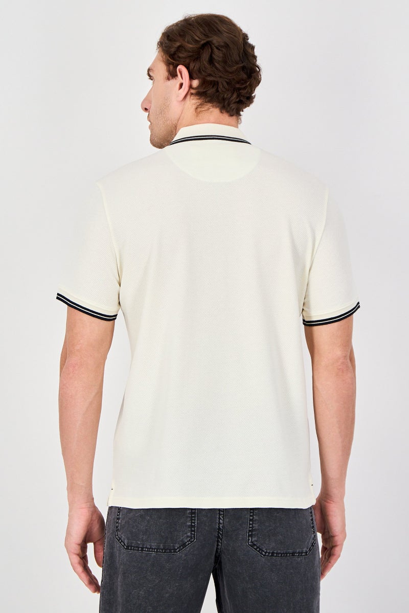 Report Collection Men Regular Fit Textured Short Sleeve Polo Shirt, Cream - Image 3