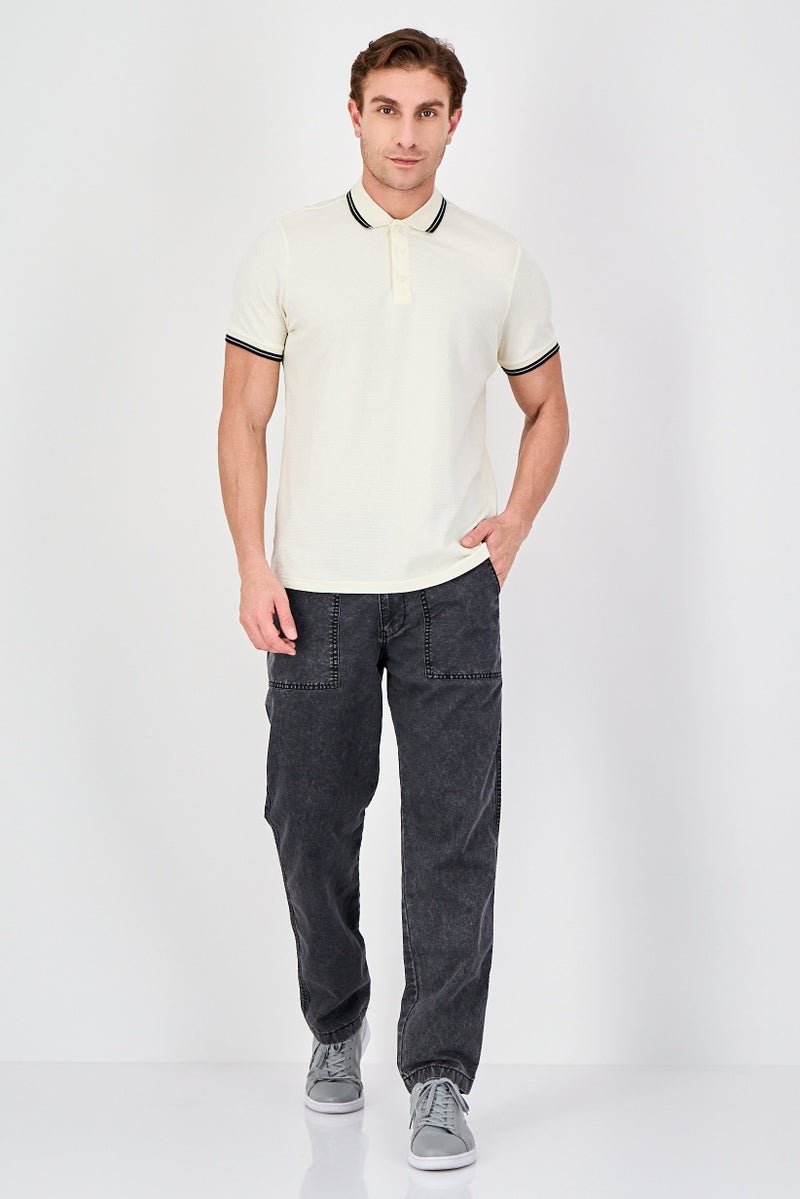 Report Collection Men Regular Fit Textured Short Sleeve Polo Shirt, Cream - Image 4