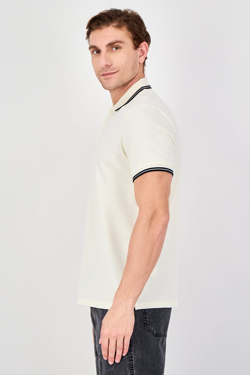Report Collection Men Regular Fit Textured Short Sleeve Polo Shirt, Cream - Image 2