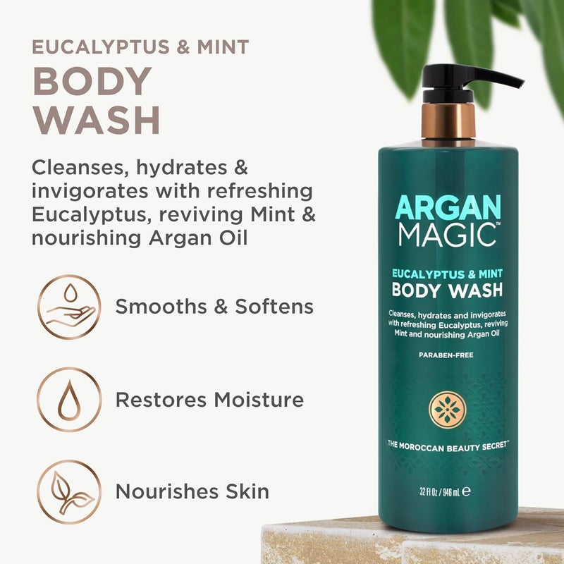 Argan Magic Eucalyptus Mint Body Wash with Argan Oil Cleanses Hydrates Invigorates with Refreshing Eucalyptus Mint Made in USA 32 Fl Oz - Image 3