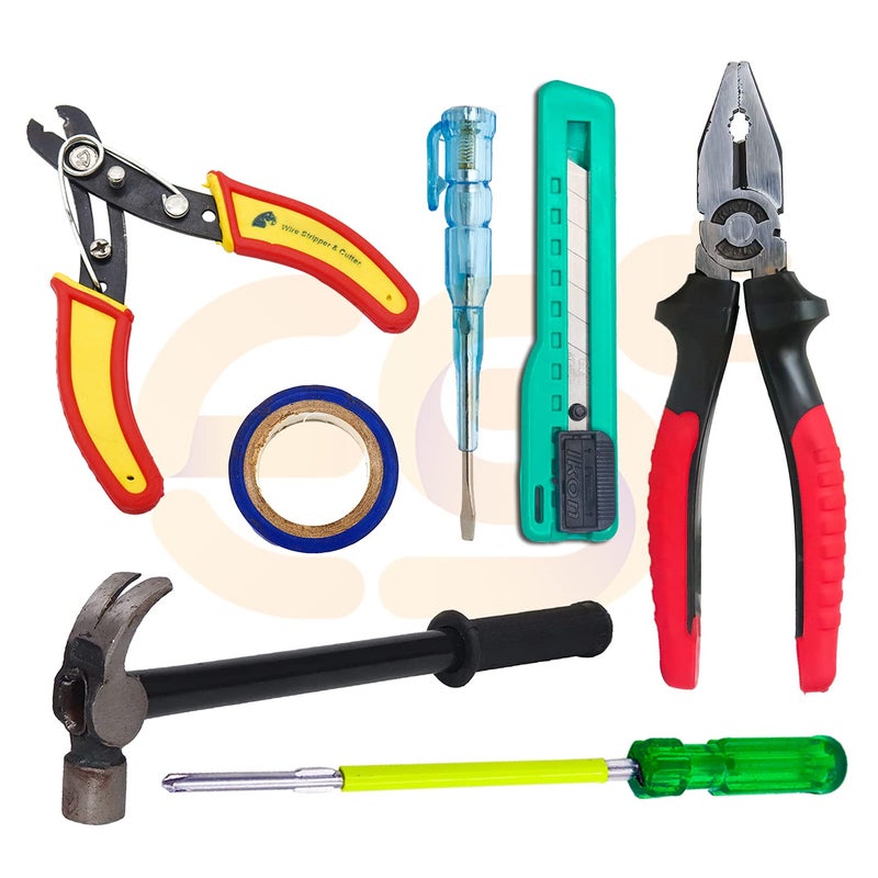 Electronicspices Electronic Spices Starter Hand Tool Kit Plier Hammer Screwdriver Wire CutterElectrical tape line testerBlade cutter 7 Tools - Image 1