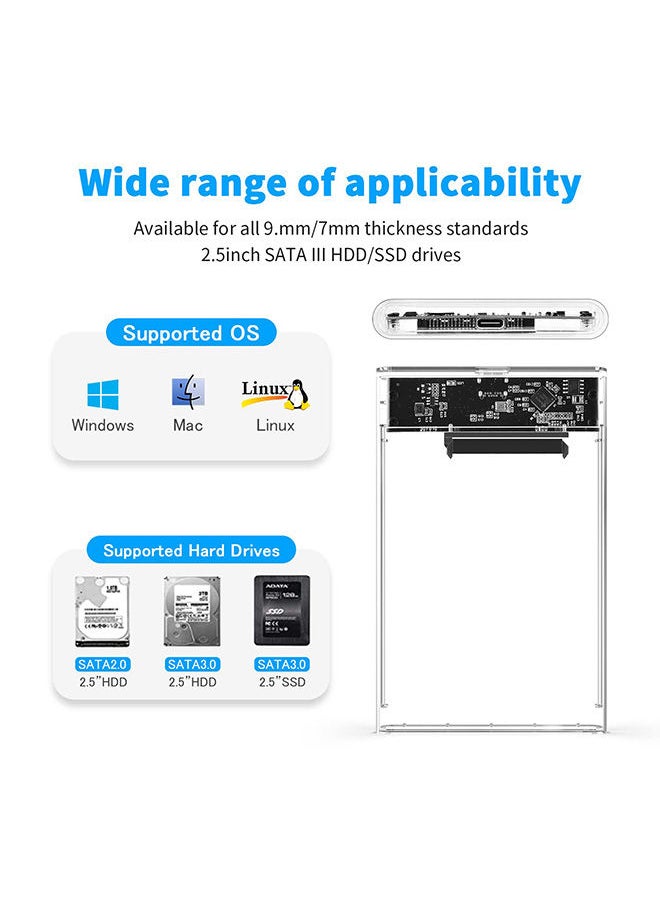 2.5" Hard Drive Enclosure Tool Free, USB C 3.1 Gen 2 to SATA III 6Gbps External Enclosure for 2.5inch 7mm 9.5mm SSD HDD, UASP Supported 2 Cables included