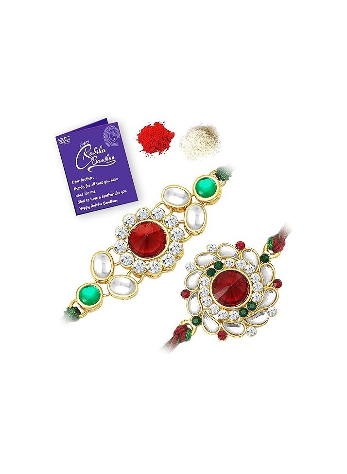 Sukkhi Rakhi Stylish Kundan Rakhi Combo bracelets and Designer Gold Plated Premium Rakhi for Brother, Roli Chawal and Greeting Card Rakhi for Bhaiya Rakhi for MEN Kundan Rakhi Rakhi Combo-Set of 2 - Image 1