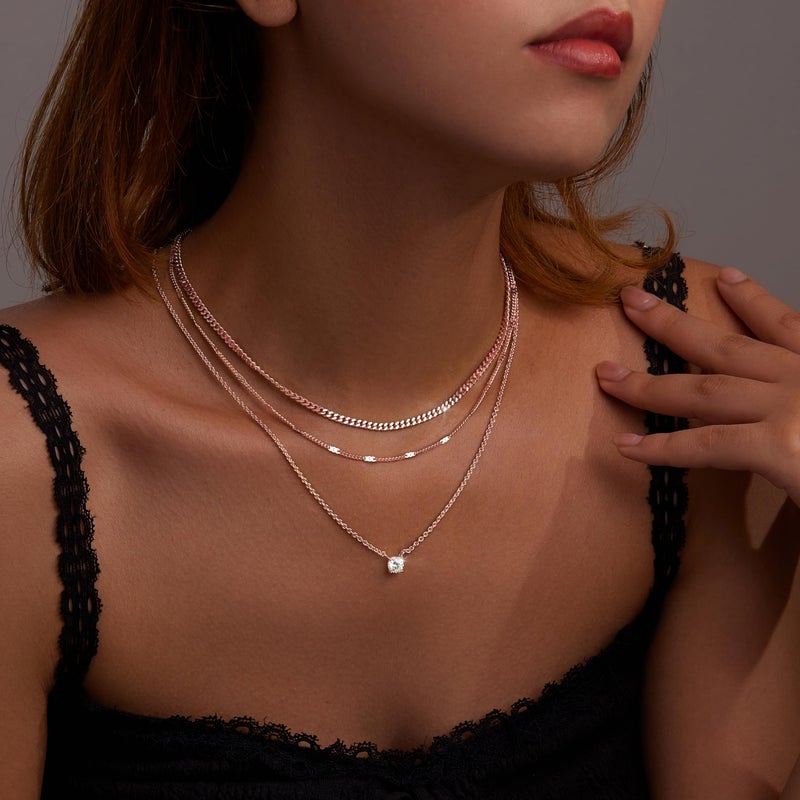 WomenGifts Layered Rose Gold Necklaces for Women, Rose Gold Cute Pendant Necklace Set with Dainty Cubic Zirconia, Stackable Cuban Chain Choker, Trendy Waterproof Jewelry Gift - Image 4