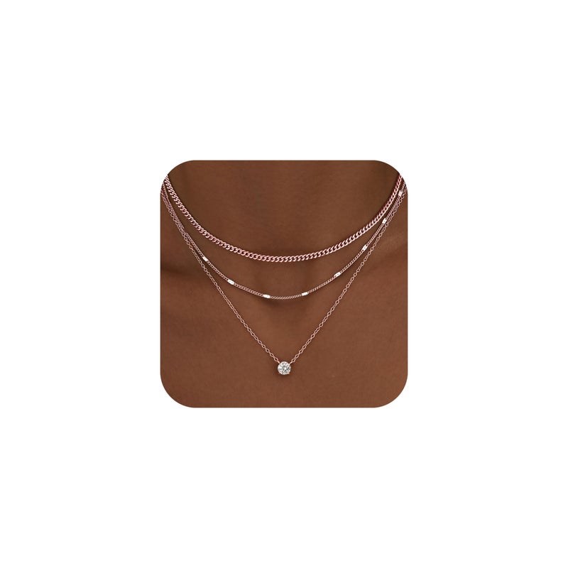 WomenGifts Layered Rose Gold Necklaces for Women, Rose Gold Cute Pendant Necklace Set with Dainty Cubic Zirconia, Stackable Cuban Chain Choker, Trendy Waterproof Jewelry Gift - Image 1