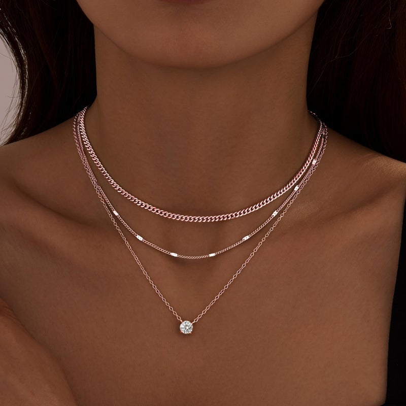 WomenGifts Layered Rose Gold Necklaces for Women, Rose Gold Cute Pendant Necklace Set with Dainty Cubic Zirconia, Stackable Cuban Chain Choker, Trendy Waterproof Jewelry Gift - Image 2