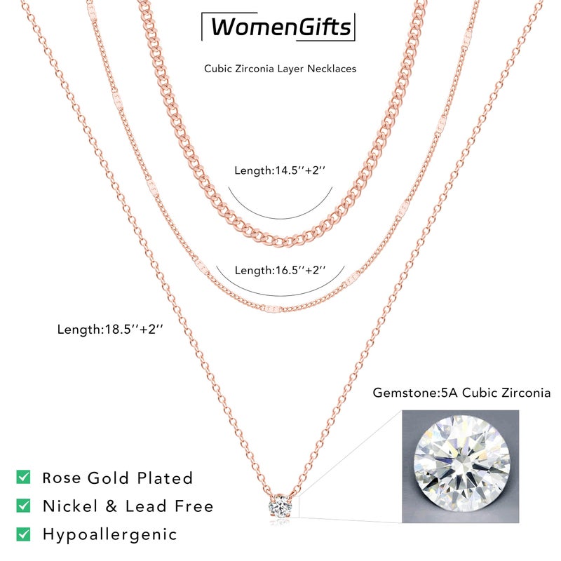 WomenGifts Layered Rose Gold Necklaces for Women, Rose Gold Cute Pendant Necklace Set with Dainty Cubic Zirconia, Stackable Cuban Chain Choker, Trendy Waterproof Jewelry Gift - Image 5