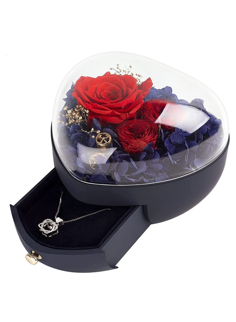 Preserved Real Rose Creative Gift Box Heart-shaped Preserved Flower Box For Mothers Day /Anniversary Birthday Gift （Blue） - Image 1