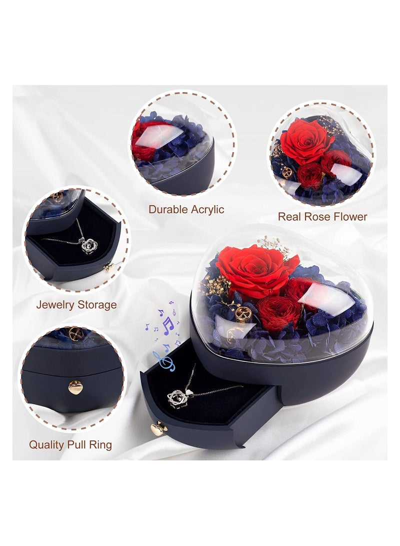 Preserved Real Rose Creative Gift Box Heart-shaped Preserved Flower Box For Mothers Day /Anniversary Birthday Gift （Blue） - Image 3