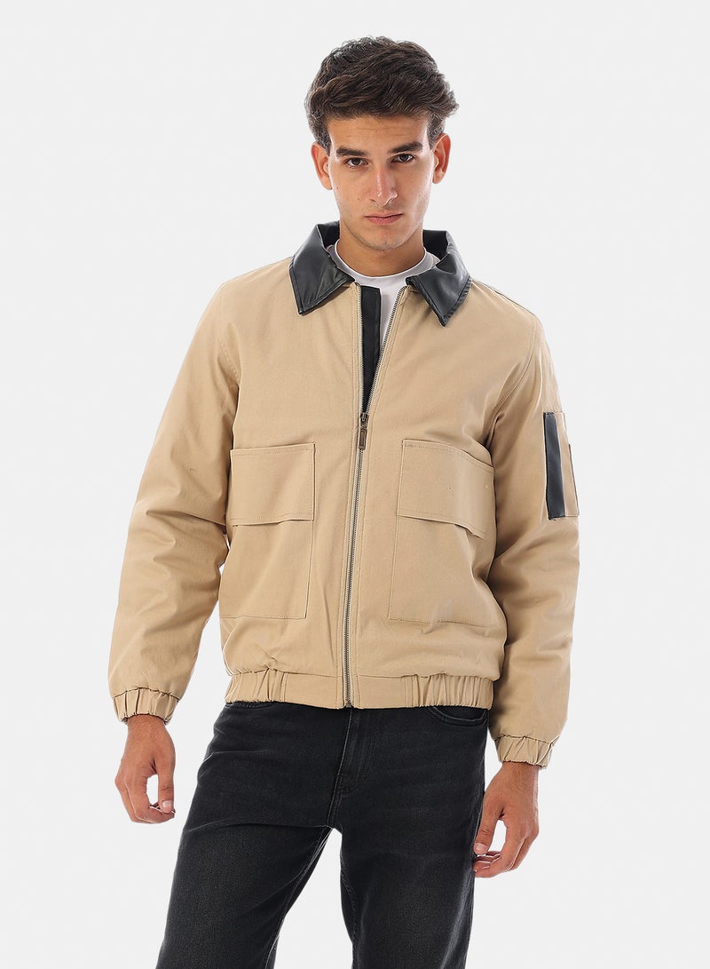 Andora Turn Down Collar Gabardine with Leather Accent Bomber Jacket - Beige - Image 1