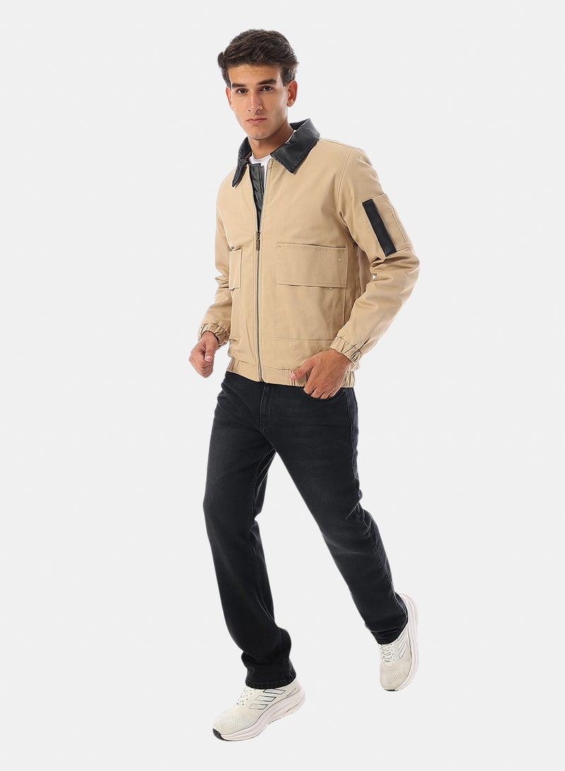 Andora Turn Down Collar Gabardine with Leather Accent Bomber Jacket - Beige - Image 5