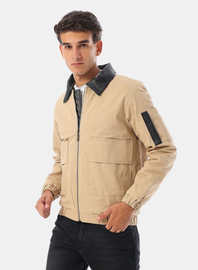 Andora Turn Down Collar Gabardine with Leather Accent Bomber Jacket - Beige - Image 2