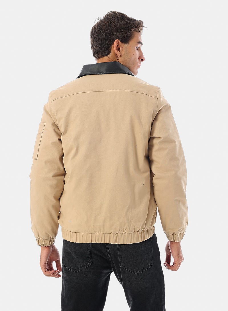 Andora Turn Down Collar Gabardine with Leather Accent Bomber Jacket - Beige - Image 3