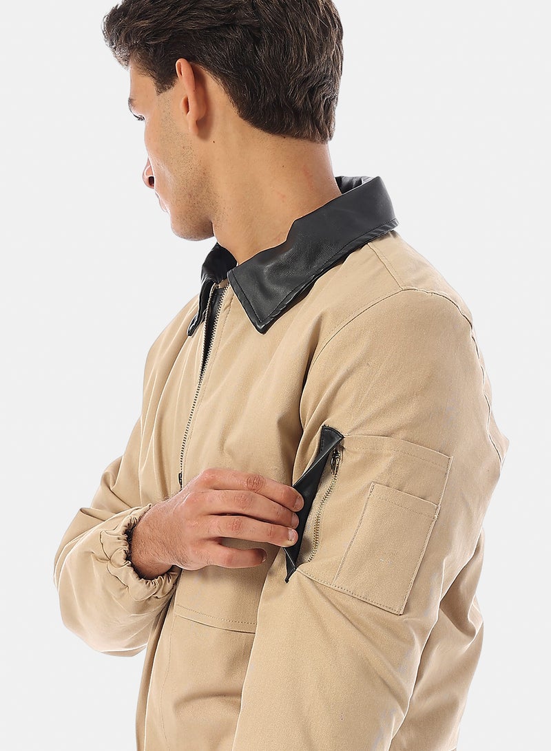 Andora Turn Down Collar Gabardine with Leather Accent Bomber Jacket - Beige - Image 4