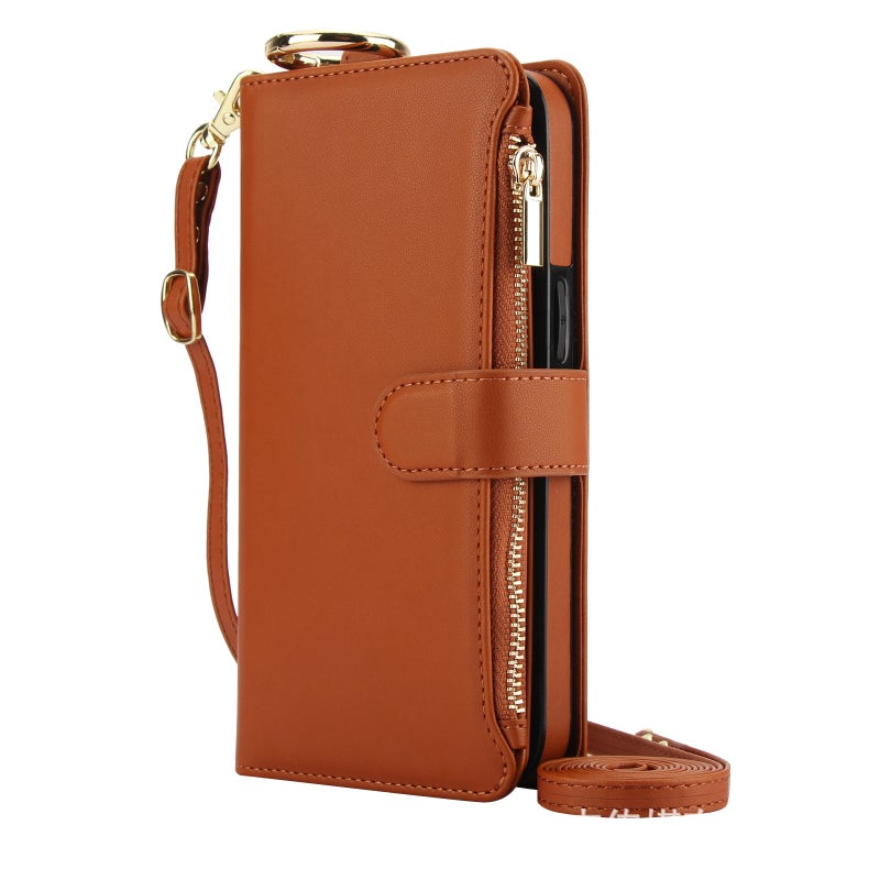 PU Leather Wallet Phone Case with Z-Ring & Long Lanyard for iPhone 17 Samsung S26 Google - Brown - Image 2