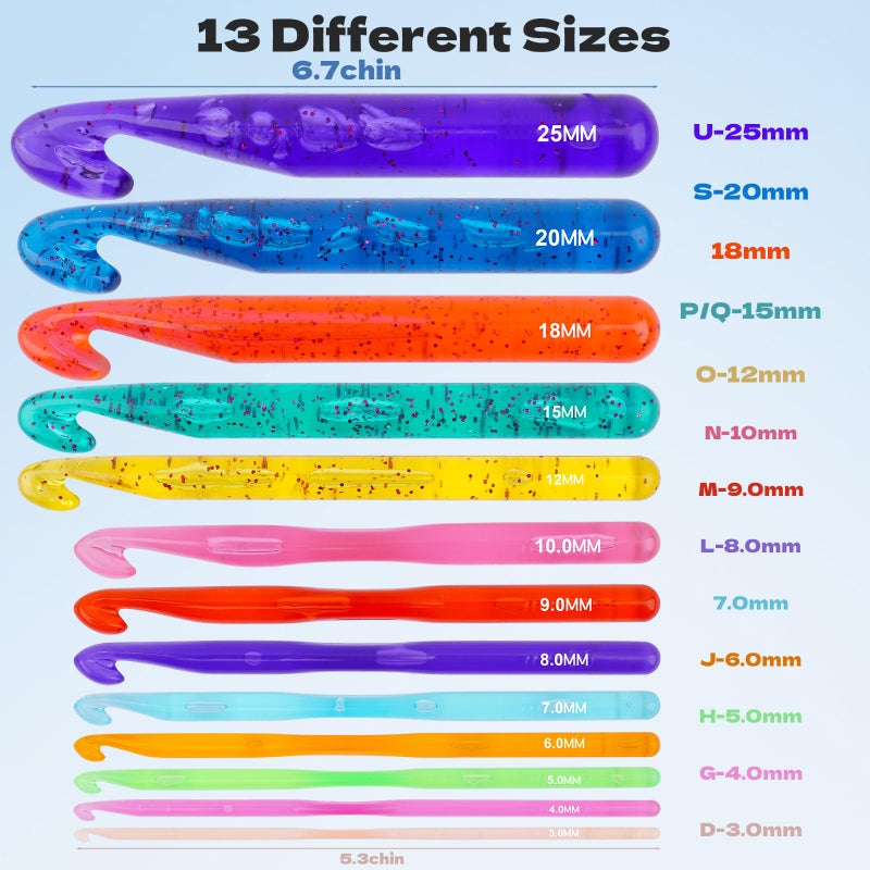 BsHooker 13 Size Crochet Hooks Set,Plastic Crystal Crochet Hook with Case,Large Crochet Hooks for Chunky Yarn Ergonomic Knitting Needles Crochet Needle for Beginners and Crocheting Yarn,3.0mm -25mm - Image 2