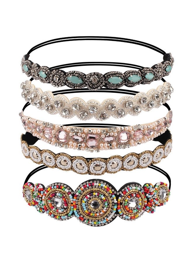 AMCAMI 5Pcs Rhinestone Beaded Headbands for Women Elastic Head Wraps Handmade Crystal Bling Hairbands for Girls Vintage Hair Accessories Party Daily Headwear (C) - Image 1