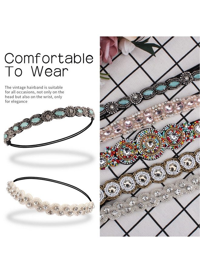 AMCAMI 5Pcs Rhinestone Beaded Headbands for Women Elastic Head Wraps Handmade Crystal Bling Hairbands for Girls Vintage Hair Accessories Party Daily Headwear (C) - Image 3