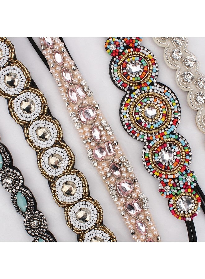 AMCAMI 5Pcs Rhinestone Beaded Headbands for Women Elastic Head Wraps Handmade Crystal Bling Hairbands for Girls Vintage Hair Accessories Party Daily Headwear (C) - Image 2