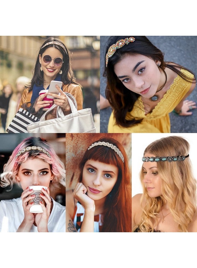 AMCAMI 5Pcs Rhinestone Beaded Headbands for Women Elastic Head Wraps Handmade Crystal Bling Hairbands for Girls Vintage Hair Accessories Party Daily Headwear (C) - Image 4