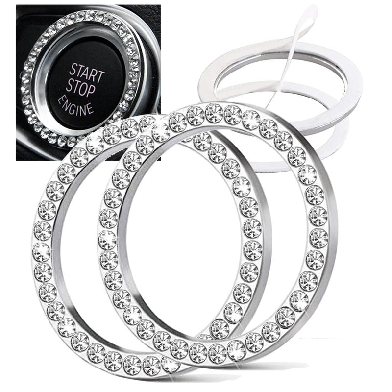 Orrdice 2pcs Bling Car Engine Start Button Cover Diamond Crystal Push Start Stop Button Ring Sparkly Bling Ignition Button Cover Rhinestone Keyless Ignition Ring Universal Car Accessories (Silver) - Image 1