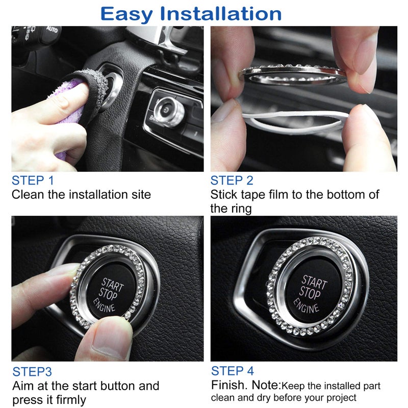 Orrdice 2pcs Bling Car Engine Start Button Cover Diamond Crystal Push Start Stop Button Ring Sparkly Bling Ignition Button Cover Rhinestone Keyless Ignition Ring Universal Car Accessories (Silver) - Image 4