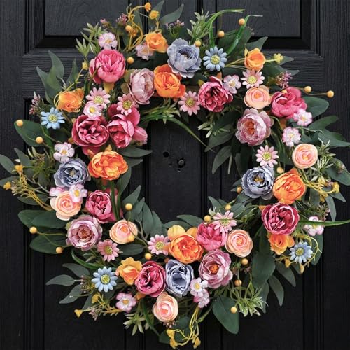 Egolot 24 Inch Spring Summer Penoy Wreath for Front Door, Colorful Wildflowers Floral Eucalyptus Wreath for Indoor Outdoor, All Seasons Everyday Wreaths for Front Door Outside - Image 1