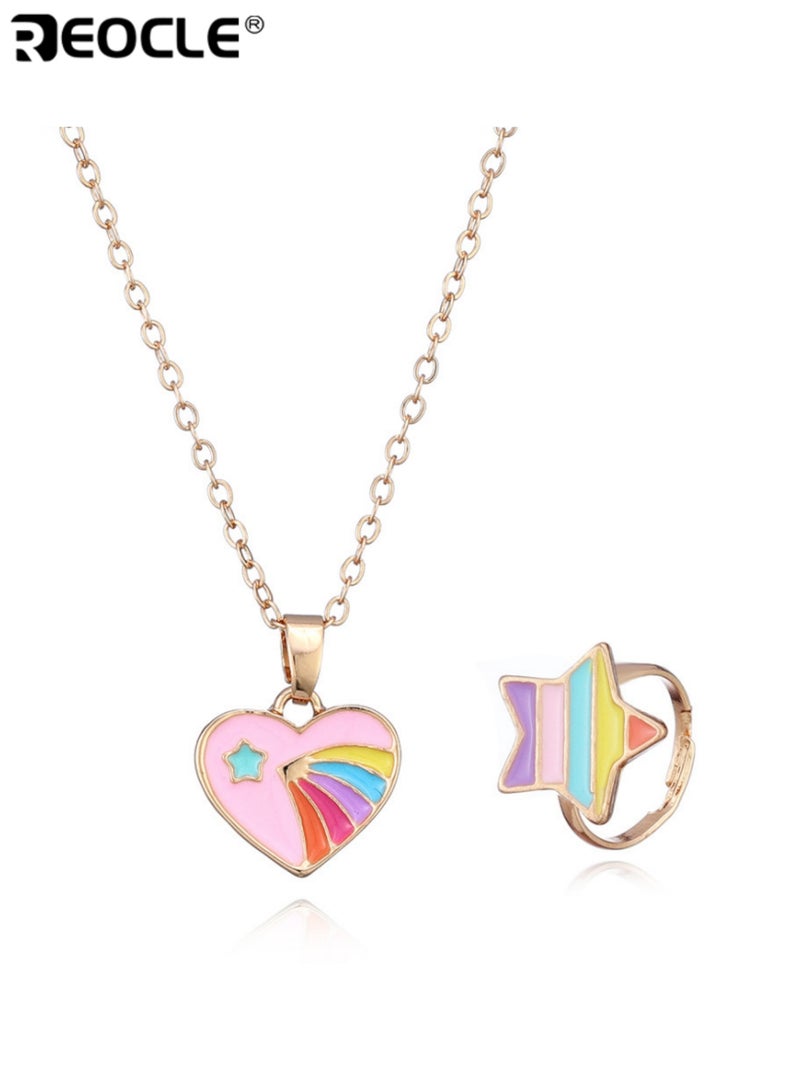 ريوكل مجموعة 2 قطعة من مجوهرات الأطفال قلادة قلب وخاتم نجمة إكسسوارات للارتداء اليومي العارض مجموعة إكسسوارات بتصميم مرح - Image 2