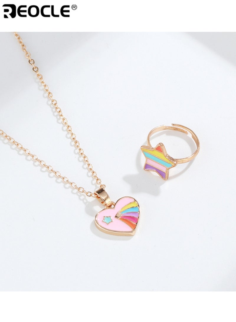 ريوكل مجموعة 2 قطعة من مجوهرات الأطفال قلادة قلب وخاتم نجمة إكسسوارات للارتداء اليومي العارض مجموعة إكسسوارات بتصميم مرح - Image 1