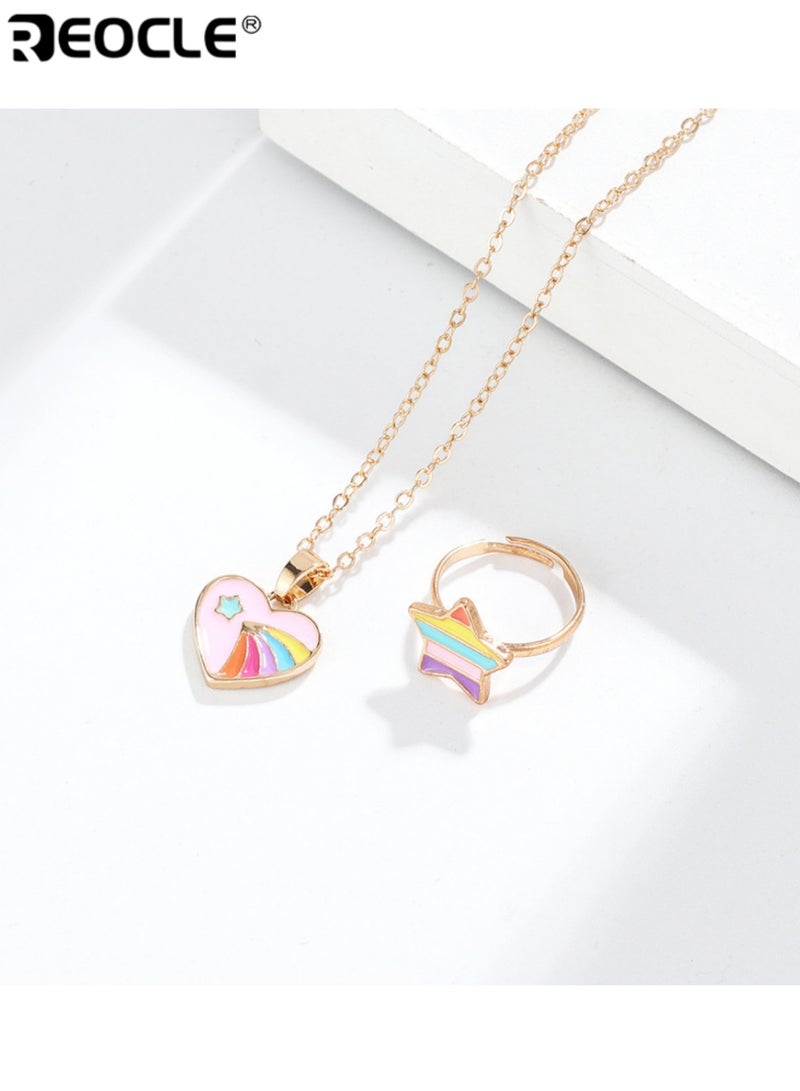 ريوكل مجموعة 2 قطعة من مجوهرات الأطفال قلادة قلب وخاتم نجمة إكسسوارات للارتداء اليومي العارض مجموعة إكسسوارات بتصميم مرح - Image 3
