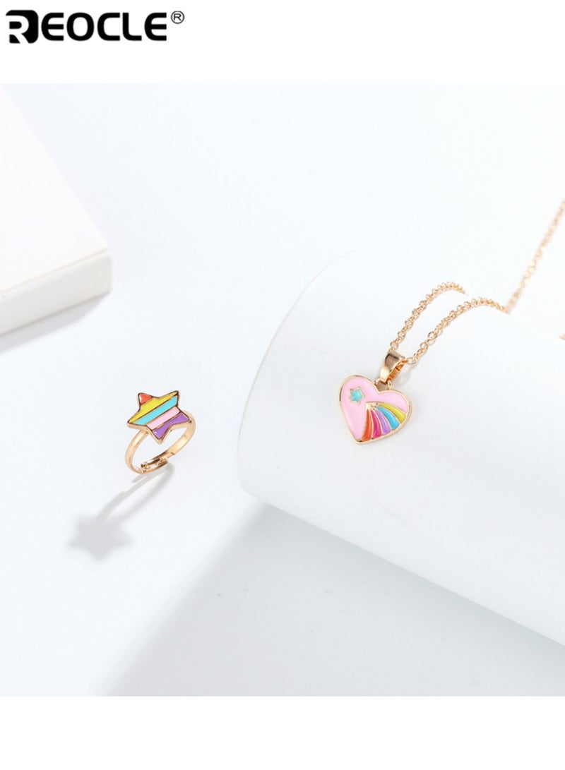 ريوكل مجموعة 2 قطعة من مجوهرات الأطفال قلادة قلب وخاتم نجمة إكسسوارات للارتداء اليومي العارض مجموعة إكسسوارات بتصميم مرح - Image 4