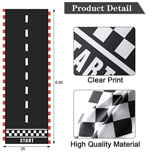 Tatuo Racing Car Party Decorations Supplies 6.6 x 2 ft Long Racetrack Floor Running Mat 6.6 Feet Checkered Racing Pennant Banner 10 Pcs Checked Race Flags with Stick for Birthday Race Car Party Decors - Image 3