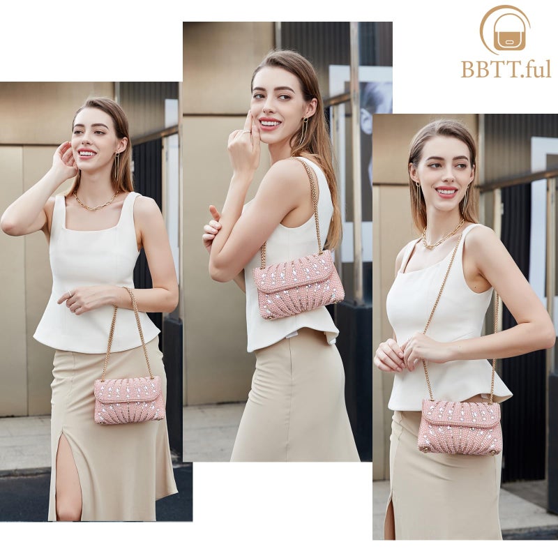 BBTT.ful New Rhinestone and Pearls Women's Evening Handbags Shoulder Bags Crossbody Bags for Women Clutch Purse with Chain (pink) - Image 2