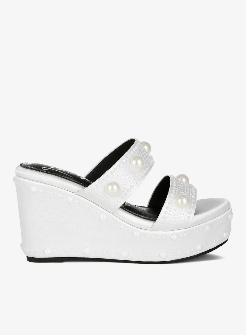 London Rag Women,s Pearl Embellished Wedge Sandals in White