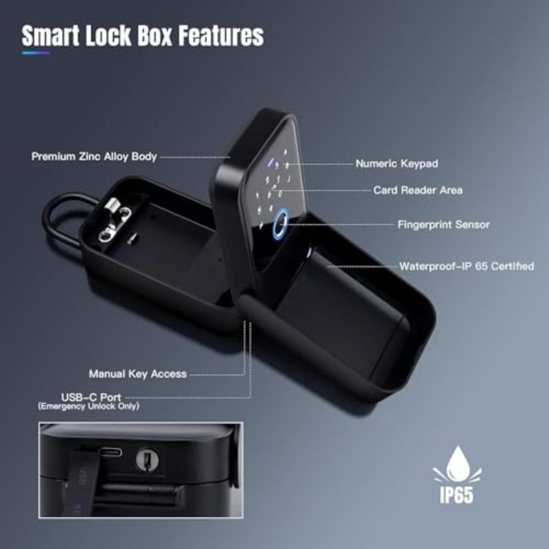 Smart Fingerprint Lock Box, Bluetooth Key Lock Box with APP Control, Fingerprint Recognize and Multiple Code Types, Security Key Lock Box with Rain Cover for Outside, Owner, Realtor Black - Image 3