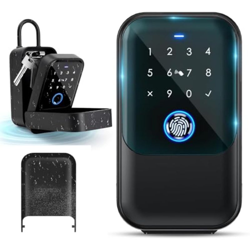 Smart Fingerprint Lock Box, Bluetooth Key Lock Box with APP Control, Fingerprint Recognize and Multiple Code Types, Security Key Lock Box with Rain Cover for Outside, Owner, Realtor Black - Image 1