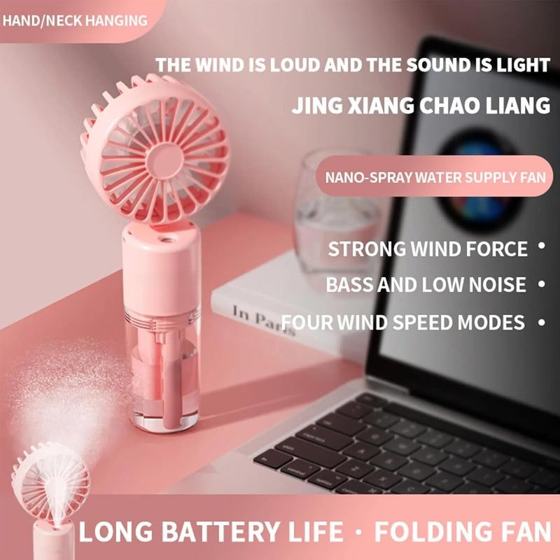 SWIUKPHE Portable Handheld Misting Fan, Rechargeable Battery Operated Spray Water Mist Fan Foldable, 4 Speeds, Small Personal Cooling Fans for Outdoor, Travel, Makeup, Home, Office, Camping (Pink) - Image 1