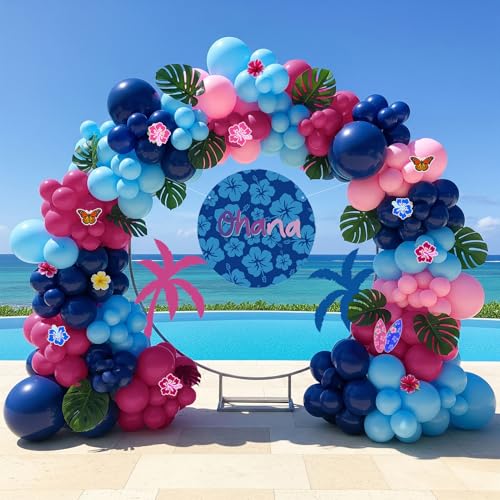 yeewaka Hot Pink Blue Pink Balloon Garland Kit with Hawaii Ohana theme backdrop plam Hawaii card stickers for Summer Tropical aloha cartoon birthday party gender reveal Baby shower decorations - Image 1