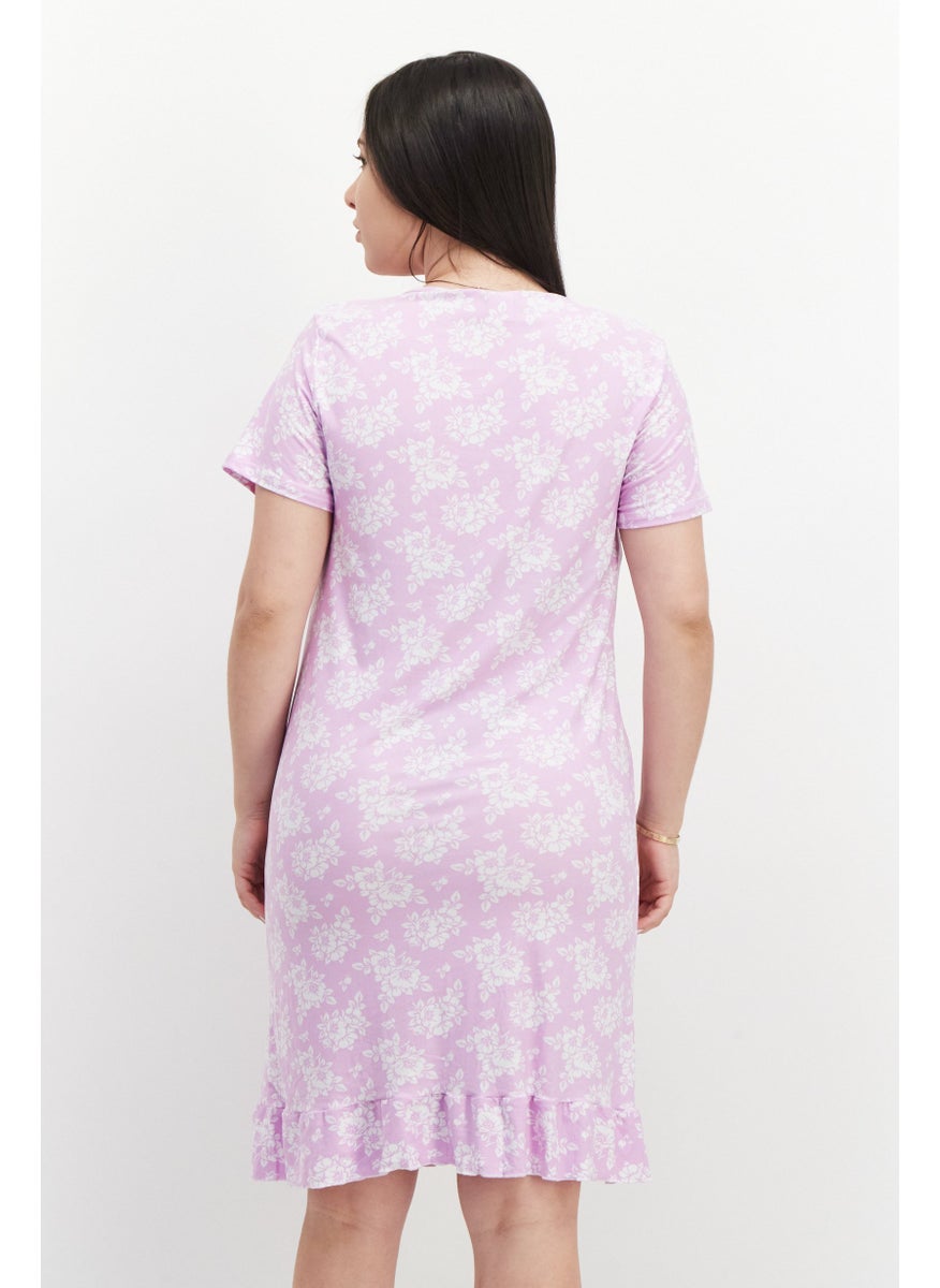 Miss Lillian Women Floral Printed Short Sleeve Pajama Dress, Purple  - Image 4