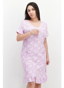 Women Floral Printed Short Sleeve Pajama Dress, Purple