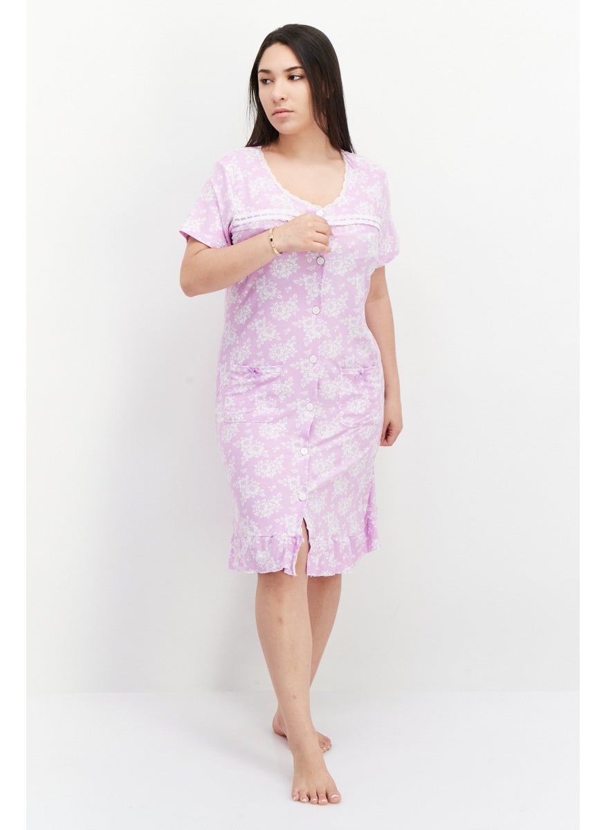 Miss Lillian Women Floral Printed Short Sleeve Pajama Dress, Purple  - Image 2