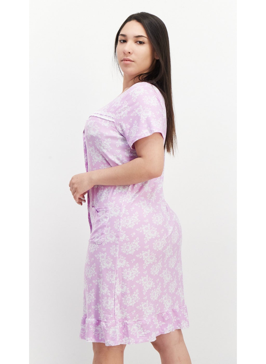 Miss Lillian Women Floral Printed Short Sleeve Pajama Dress, Purple  - Image 3