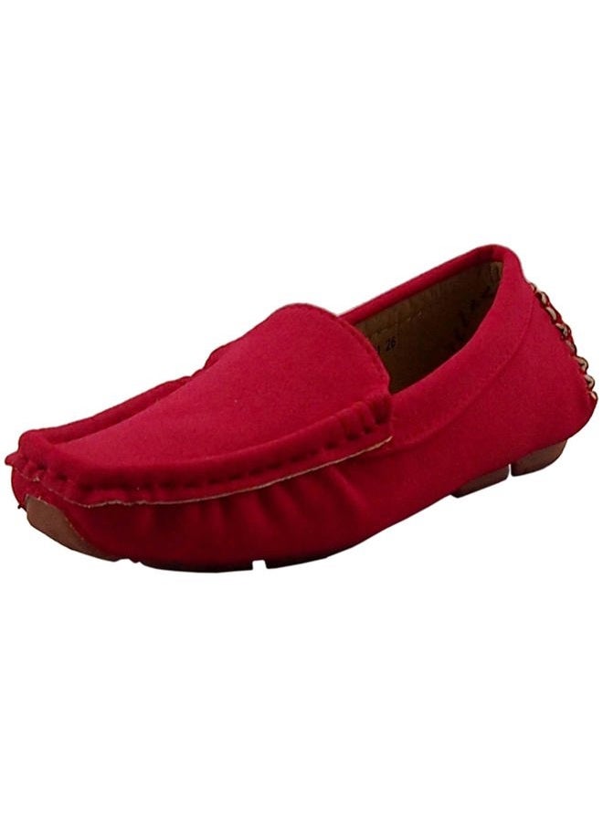 DADAWEN Girl's Boy's Soft Suede Leather Slip-on Oxford Flats Comfort Loafer Boat Dress Shoes, Red, 1.5 Little Kid - Image 1